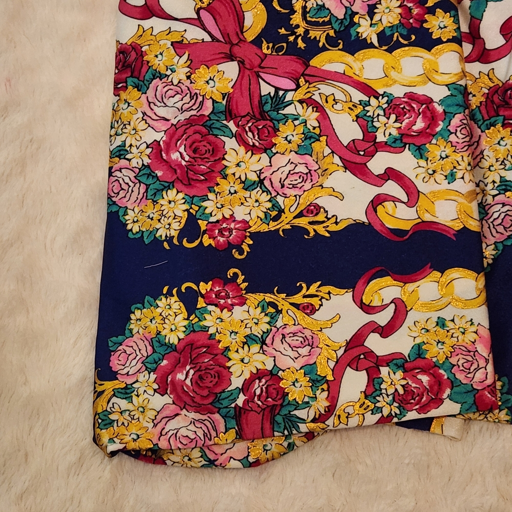 Floral Print Skirt with Pink and Yellow Accents Gold Chain Ribbon Rose Spandex
